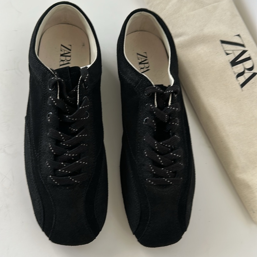 Zara Men's Retro Split Leather Black Sneakers - Picture 7 of 12